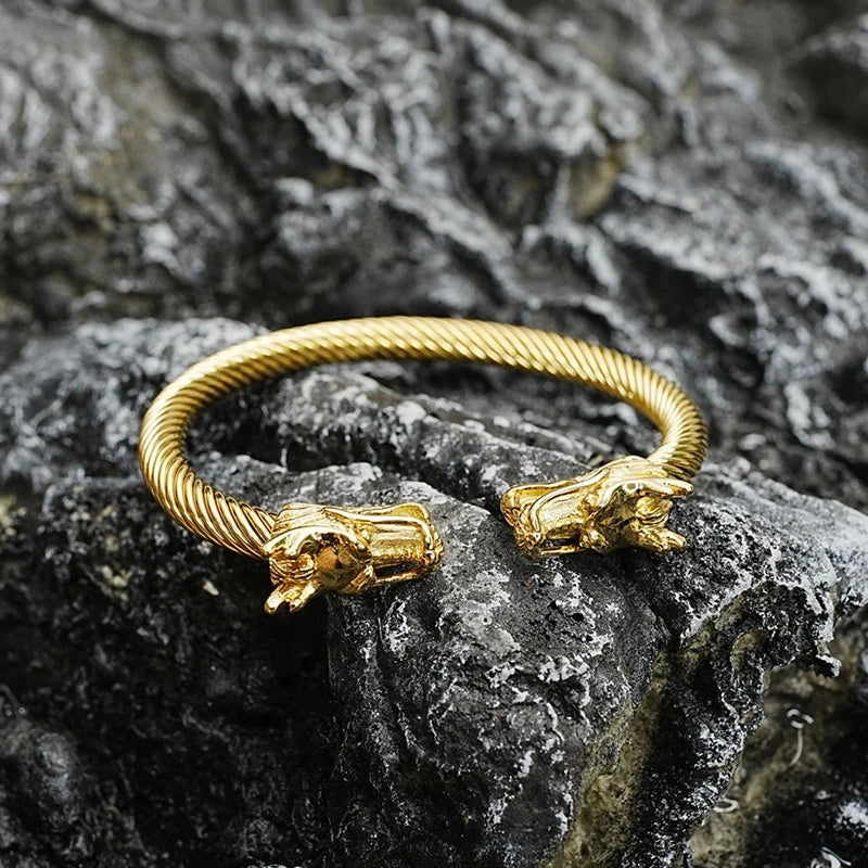 Stainless Steel Dragon Bracelet – 18K Gold Style Cable Wire Cuff Bangle for Men ✨