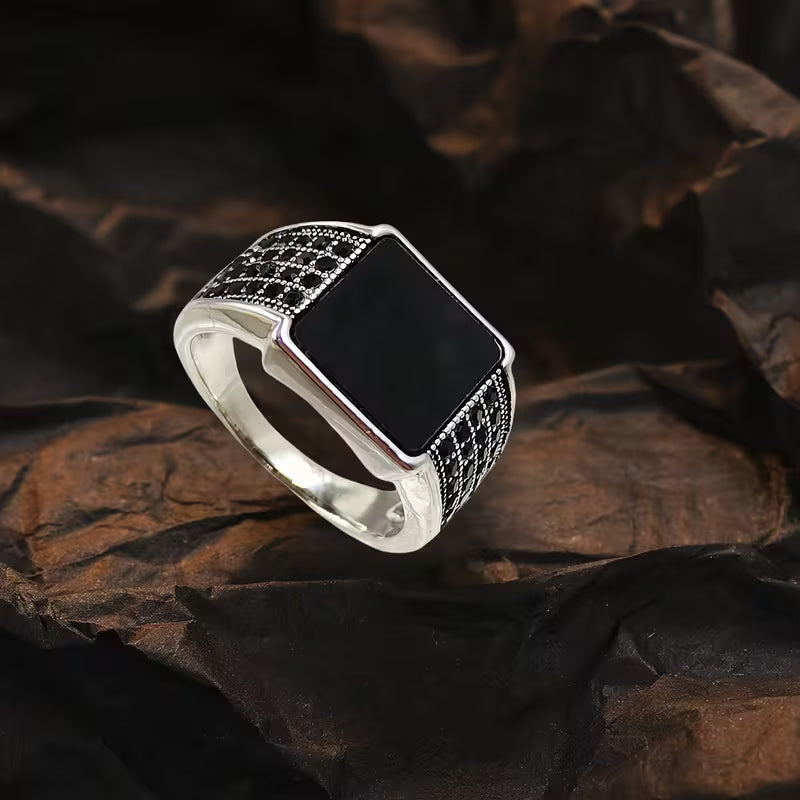 Italian Men’s Stainless Steel Ring with black stone