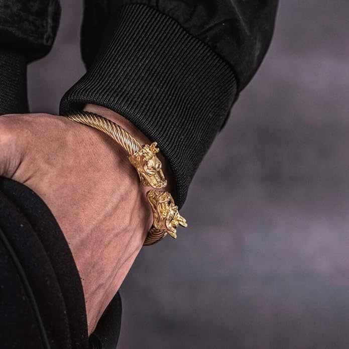 Stainless Steel Dragon Bracelet – 18K Gold Style Cable Wire Cuff Bangle for Men ✨